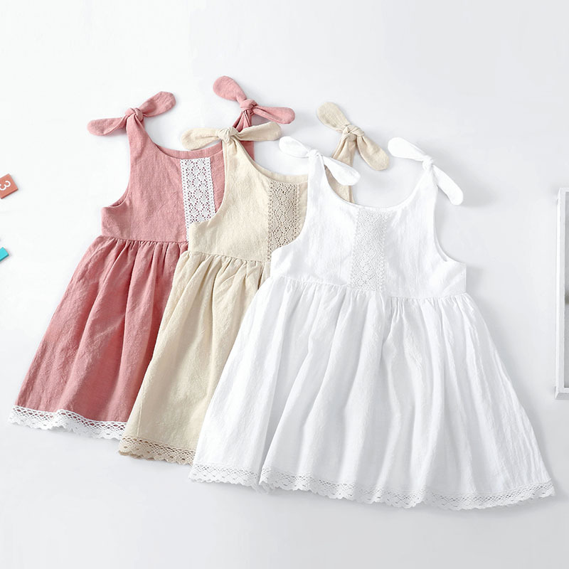 Solid Color Children Kids Dress Linen Cotton Lace Princess Dress Baby Girls Summer Clothes