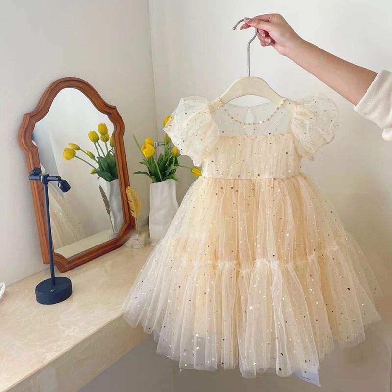 2023 Korean design puff sleeve infant girls' lace fairy dresses solid beige tulle princess dress clothing boutiques