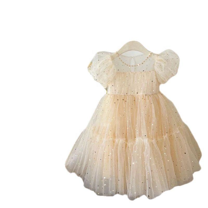 2023 Korean design puff sleeve infant girls' lace fairy dresses solid beige tulle princess dress clothing boutiques