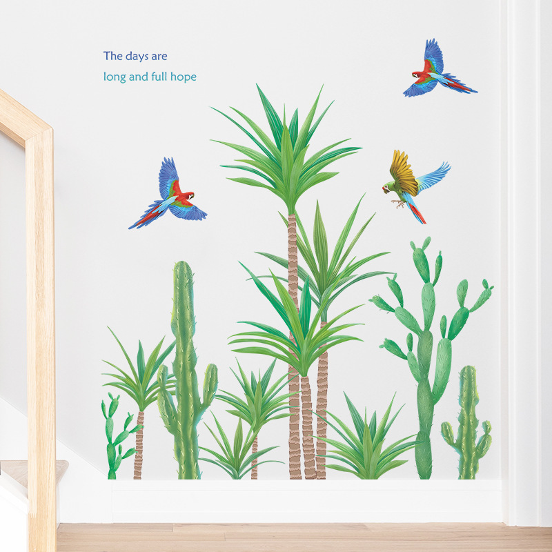 Tropical Green Plant Cactus Bird Wall Stickers Living Room Bedroom Background Wall Decoration Items Wall Decals