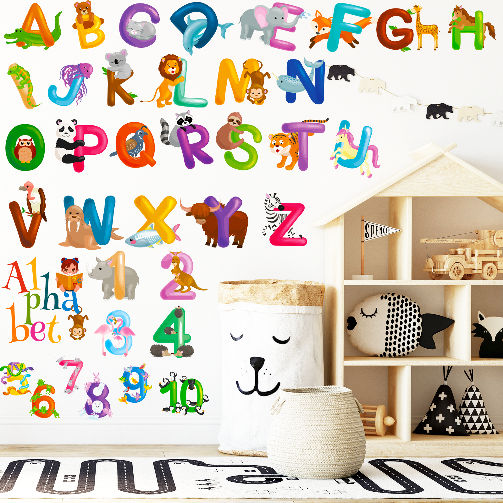 Animal Alphabet Numbers Colour Decals Stickers Kids Peel and Stick Removable for Room decor Letters ABC Classroom playroom Decor