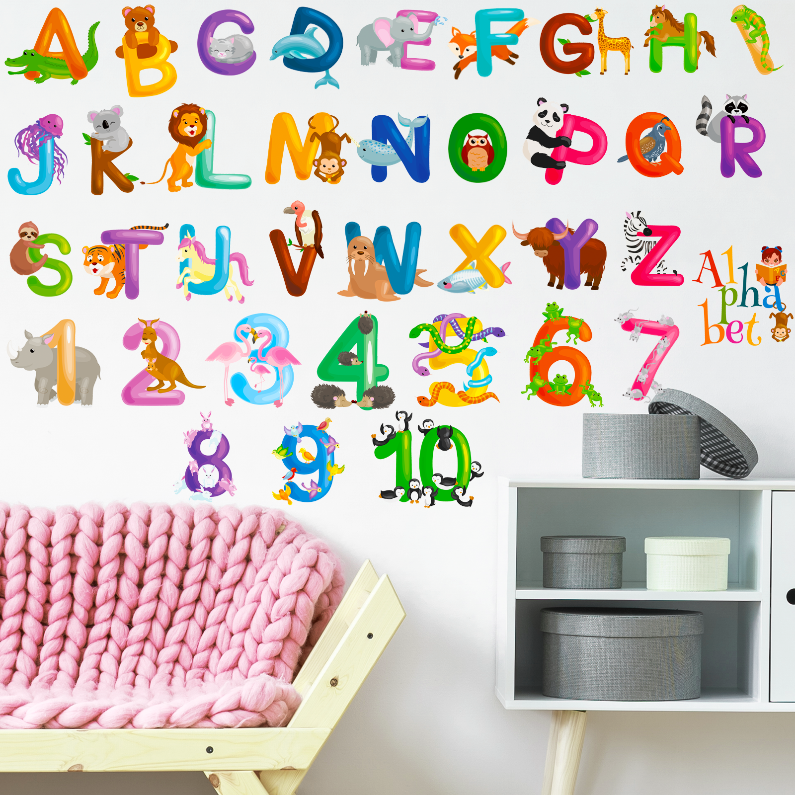 Animal Alphabet Numbers Colour Decals Stickers Kids Peel and Stick Removable for Room decor Letters ABC Classroom playroom Decor