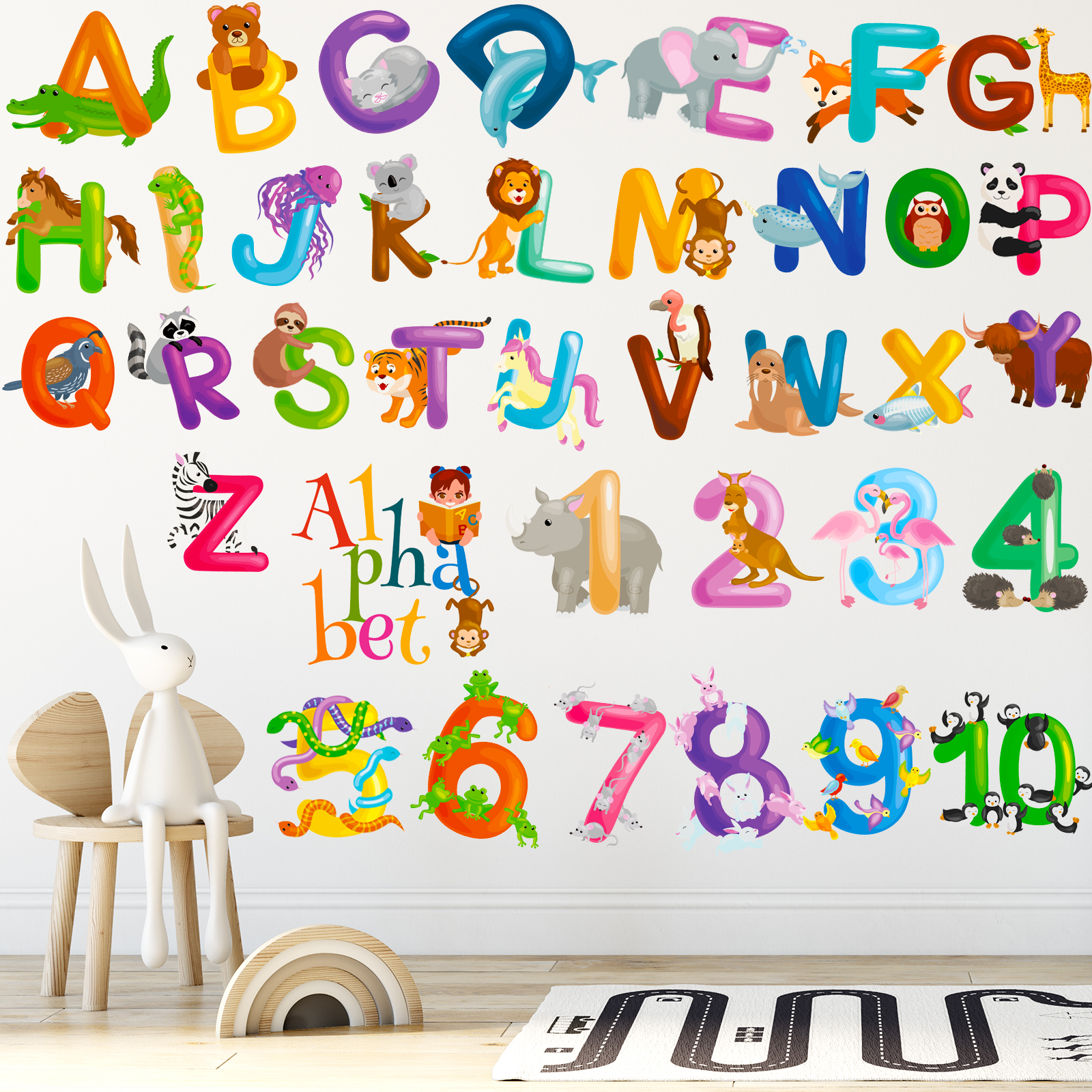 Animal Alphabet Numbers Colour Decals Stickers Kids Peel and Stick Removable for Room decor Letters ABC Classroom playroom Decor