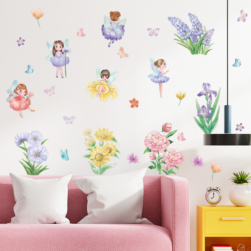 Cartoon Elf Girl Flowers Butterfly Wall Stickers Living Room Princess Room Background Decoration Beautify Wall Decals