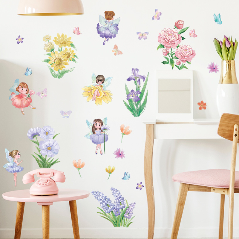 Cartoon Elf Girl Flowers Butterfly Wall Stickers Living Room Princess Room Background Decoration Beautify Wall Decals