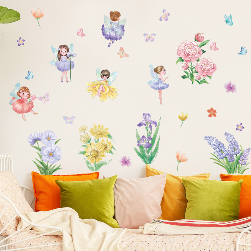 Cartoon Elf Girl Flowers Butterfly Wall Stickers Living Room Princess Room Background Decoration Beautify Wall Decals