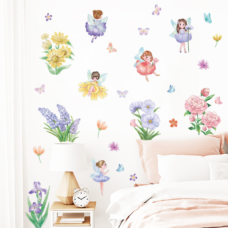 Cartoon Elf Girl Flowers Butterfly Wall Stickers Living Room Princess Room Background Decoration Beautify Wall Decals