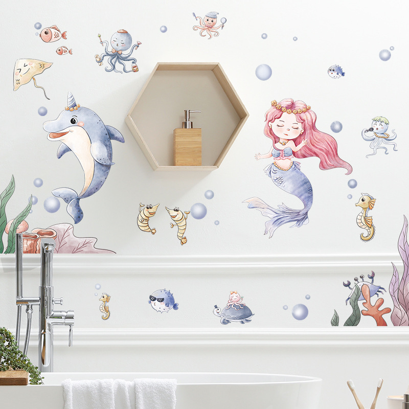 Fantasy Underwater World Mermaid Wall Stickers Children's Bedroom Living Room Wall Beautification Decorative Wall Decals