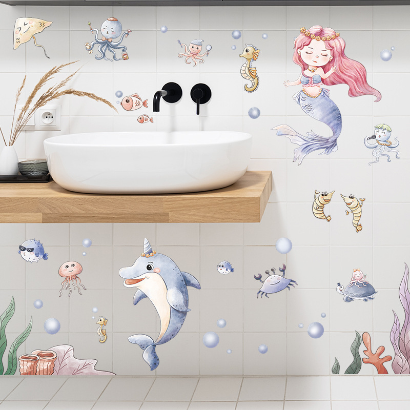 Fantasy Underwater World Mermaid Wall Stickers Children's Bedroom Living Room Wall Beautification Decorative Wall Decals