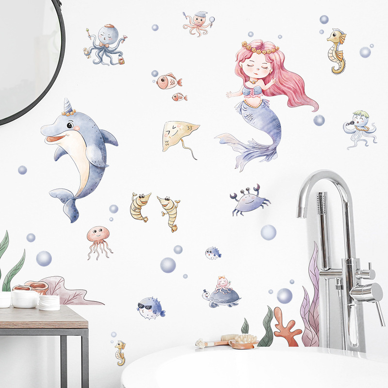 Fantasy Underwater World Mermaid Wall Stickers Children's Bedroom Living Room Wall Beautification Decorative Wall Decals