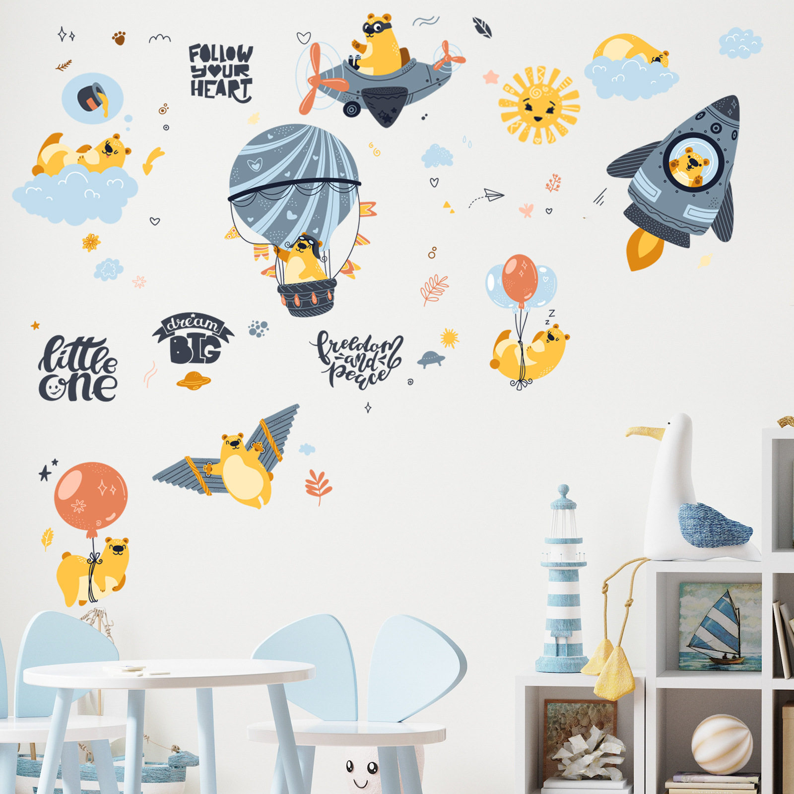 Cartoon Cute Happy Bear Wall Stickers Kindergarten Children's Room Bed Decoration Can Be Removed Self-adhesive Wall Decals