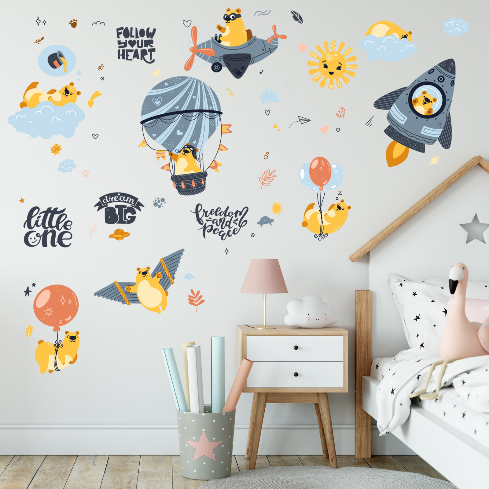 Cartoon Cute Happy Bear Wall Stickers Kindergarten Children's Room Bed Decoration Can Be Removed Self-adhesive Wall Decals