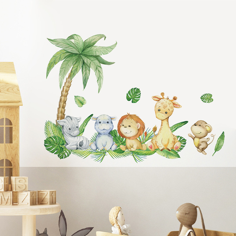 Wall Stickers Cartoon Forest Animals Combined with Green Plant Turtle Back Leaves Bedroom Living Room Wall Beautify Decorative