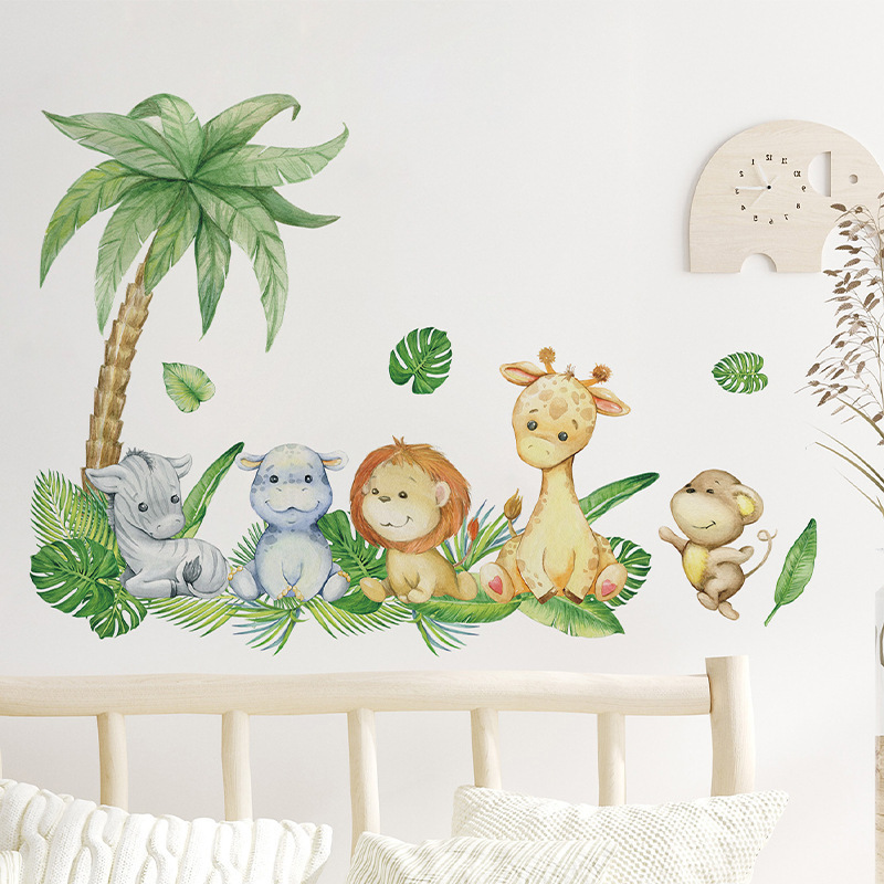 Wall Stickers Cartoon Forest Animals Combined with Green Plant Turtle Back Leaves Bedroom Living Room Wall Beautify Decorative