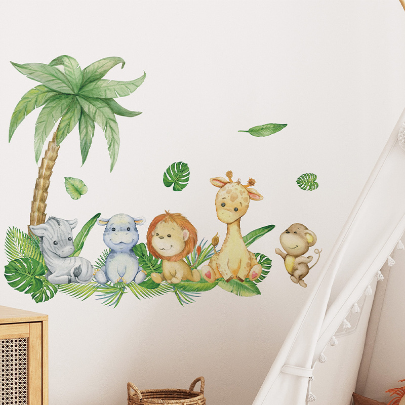 Wall Stickers Cartoon Forest Animals Combined with Green Plant Turtle Back Leaves Bedroom Living Room Wall Beautify Decorative