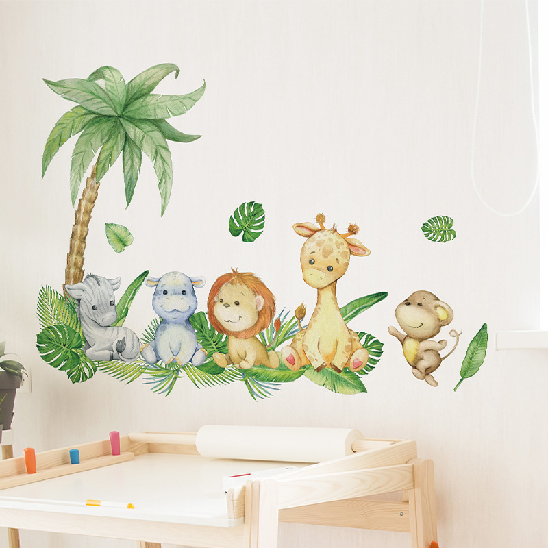 Wall Stickers Cartoon Forest Animals Combined with Green Plant Turtle Back Leaves Bedroom Living Room Wall Beautify Decorative