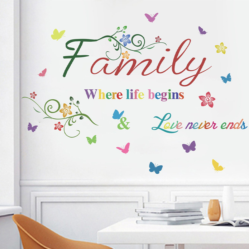 Wall Stickers Colorful English Slogan FAMILY Flower Butterfly Wall Decals