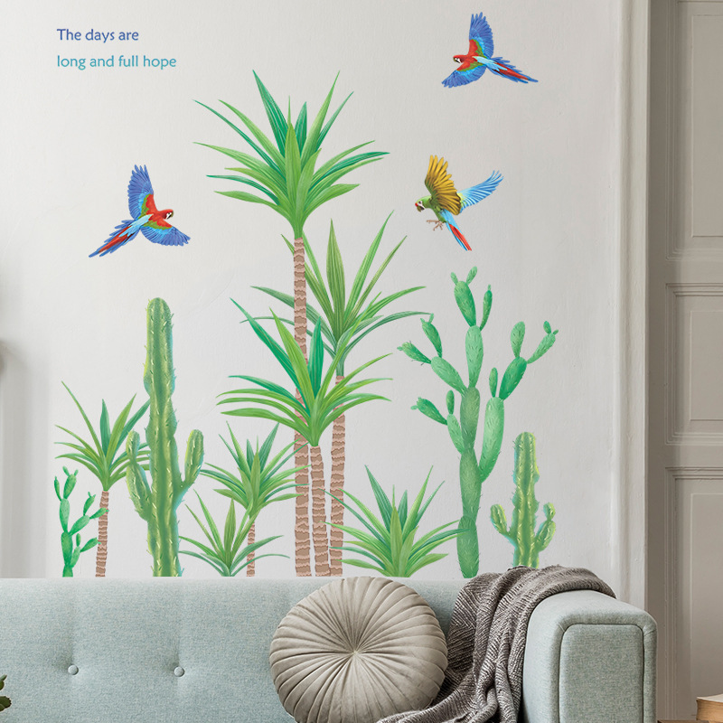 Tropical Green Plant Cactus Bird Wall Stickers Living Room Bedroom Background Wall Decoration Items Wall Decals