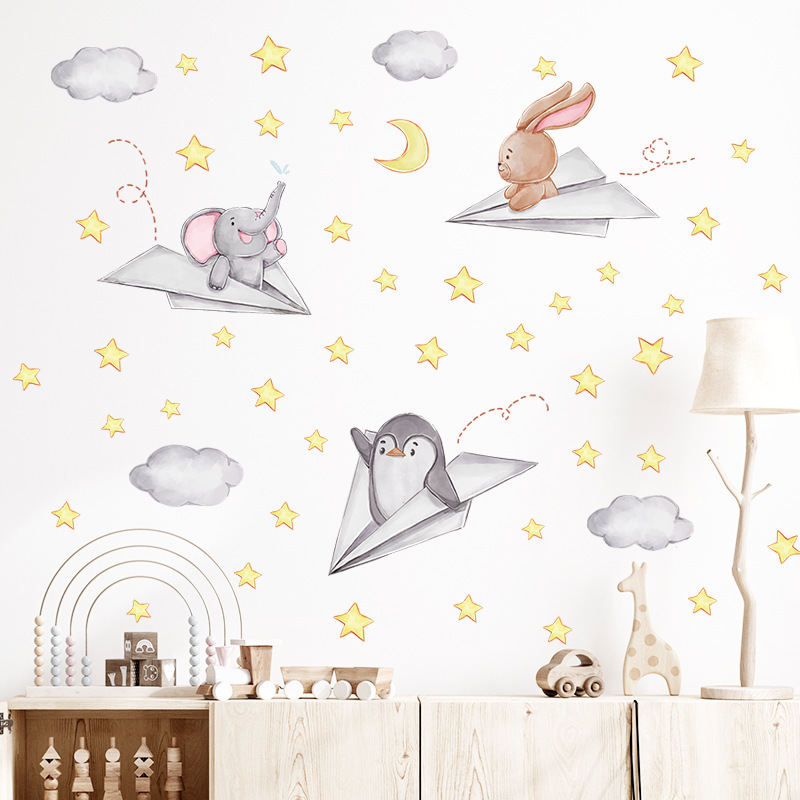 Rabbit Penguin Baby Elephant Paper Airplane Star Wall Stickers CHILDREN'S Room Living Room Decoration Wall Decals