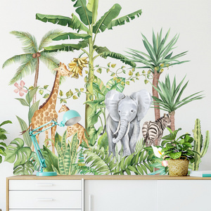 Nordic Plant Wall Stickers Sofa Bedroom Background Stickers Tropical Rainforest Elephant Giraffe Wall Decals