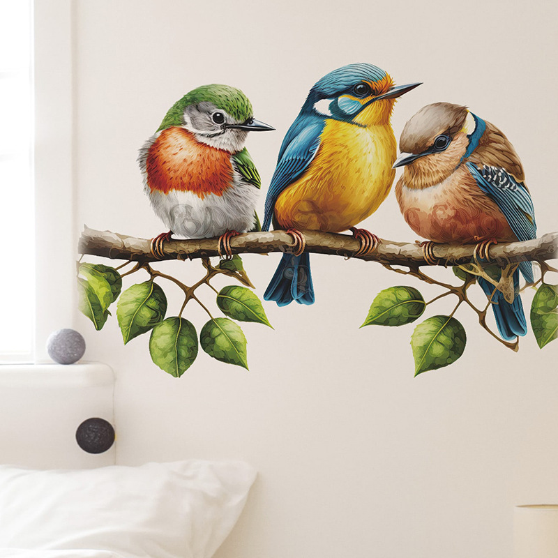 Wall Stickers Cartoon Branch Bird Glass Cabinet Window Door with Home Beautification Decorative Wall Decals