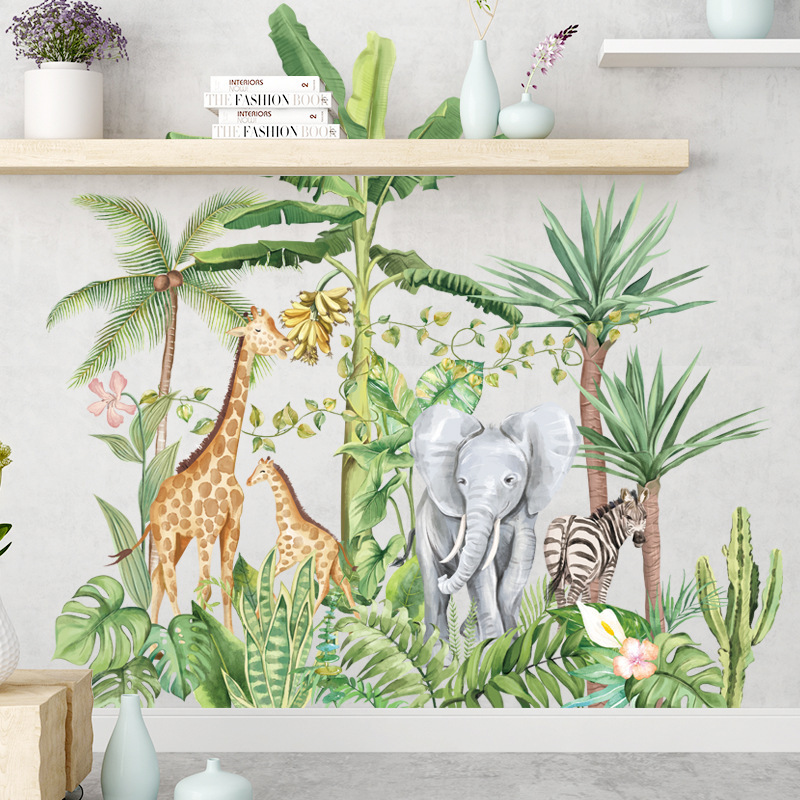 Nordic Plant Wall Stickers Sofa Bedroom Background Stickers Tropical Rainforest Elephant Giraffe Wall Decals