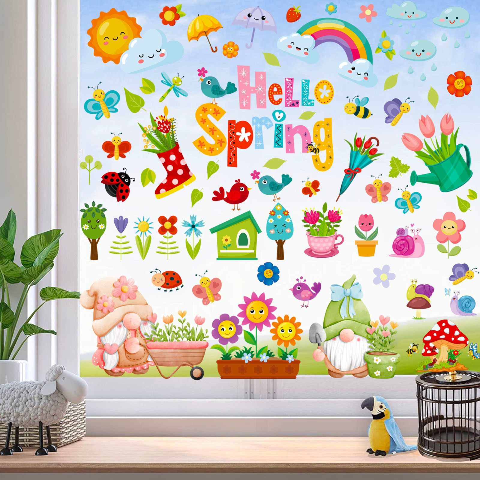 2023 new spring waterproof wall stickers window glass door gnome dwarf flowers cartoon home static decorative stickers