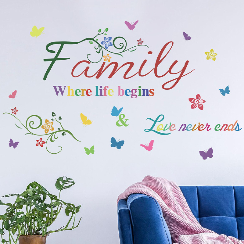 Wall Stickers Colorful English Slogan FAMILY Flower Butterfly Wall Decals