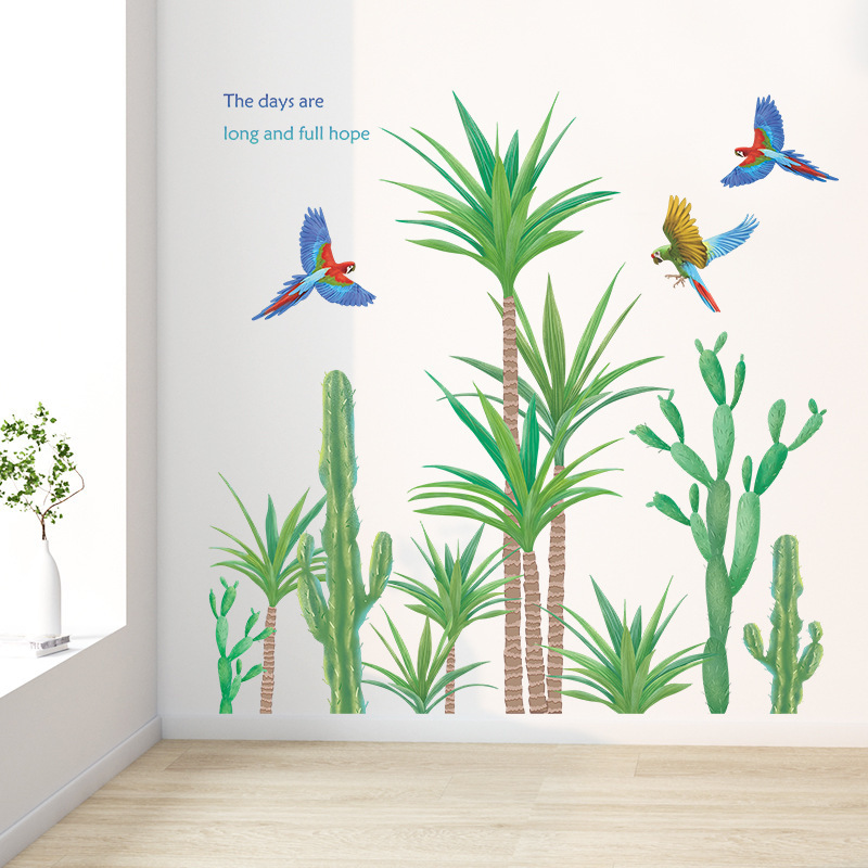 Tropical Green Plant Cactus Bird Wall Stickers Living Room Bedroom Background Wall Decoration Items Wall Decals