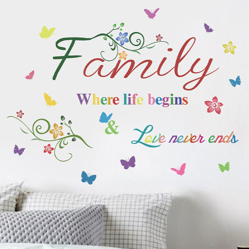 Wall Stickers Colorful English Slogan FAMILY Flower Butterfly Wall Decals