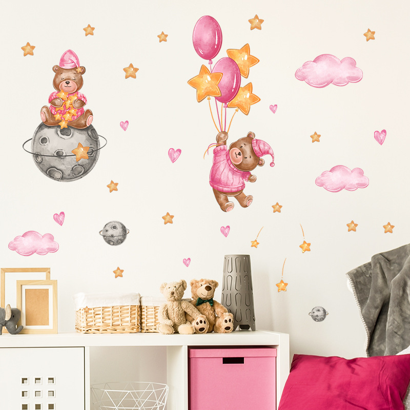 Cartoon Wall Stickers Bear Moon Stars Clouds Bedroom CHILDREN'S Stickers Wall Decoration Wall Decals