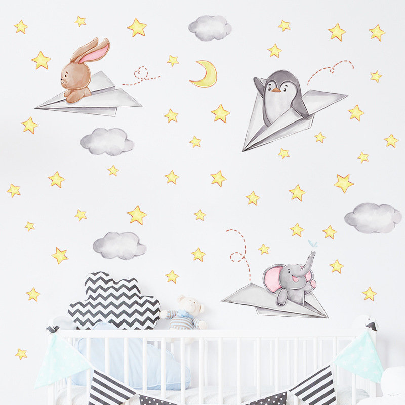 Rabbit Penguin Baby Elephant Paper Airplane Star Wall Stickers CHILDREN'S Room Living Room Decoration Wall Decals