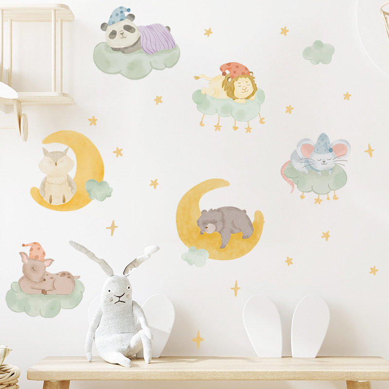 Cartoon Animal Wall Stickers Combination Cloud Moon Sleeping Stars Children's Room BABY'S Room Decoration Wall Decals