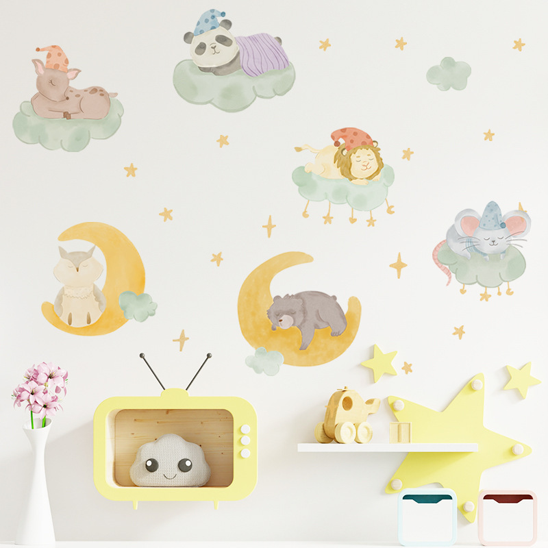 Cartoon Animal Wall Stickers Combination Cloud Moon Sleeping Stars Children's Room BABY'S Room Decoration Wall Decals