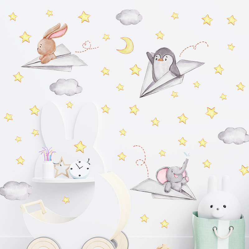 Rabbit Penguin Baby Elephant Paper Airplane Star Wall Stickers CHILDREN'S Room Living Room Decoration Wall Decals