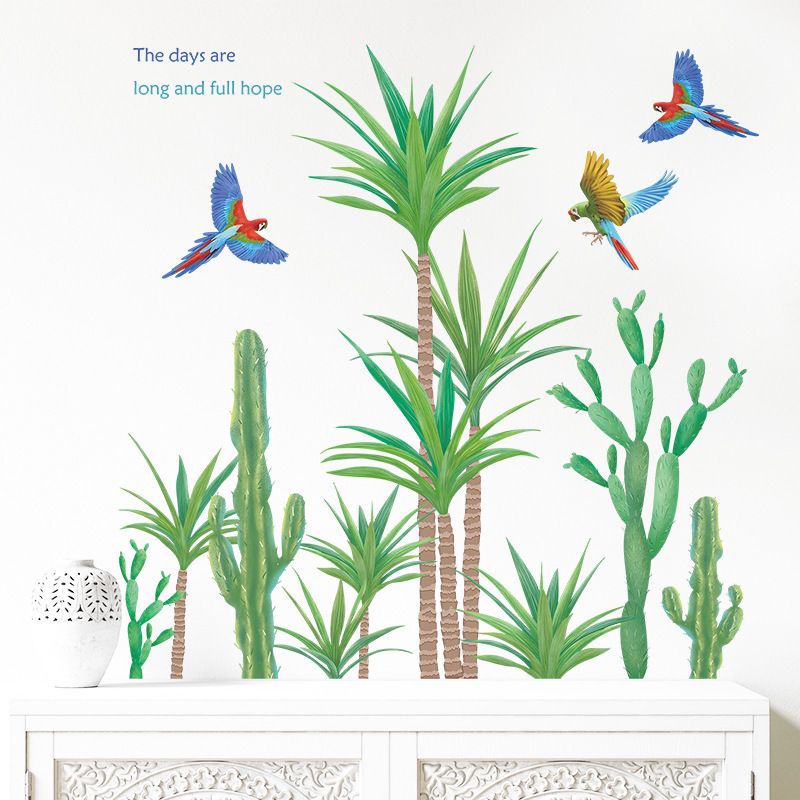 Tropical Green Plant Cactus Bird Wall Stickers Living Room Bedroom Background Wall Decoration Items Wall Decals