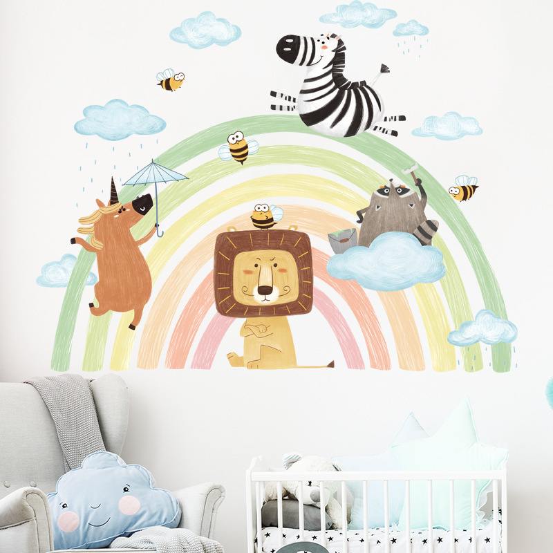 Cute Rainbow Animal Stars Wall Sticker Nursery Removable Vinyl Wall Decals Kids Room Interior Home Decor