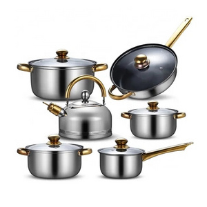 Manufacturer High Quality 12pcs Stainless Steel Gold Plated Non Stick Cookware Sets Golden Handles Pots Set