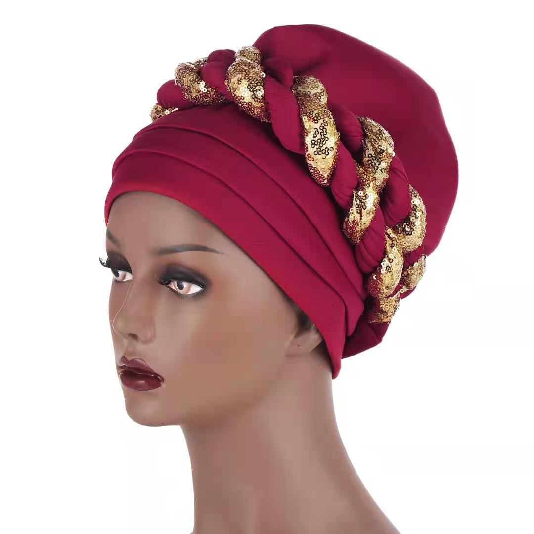 2021 New Muslim with sequin braid turban c ap women bandanas turban hat for Women female headscarf african turban