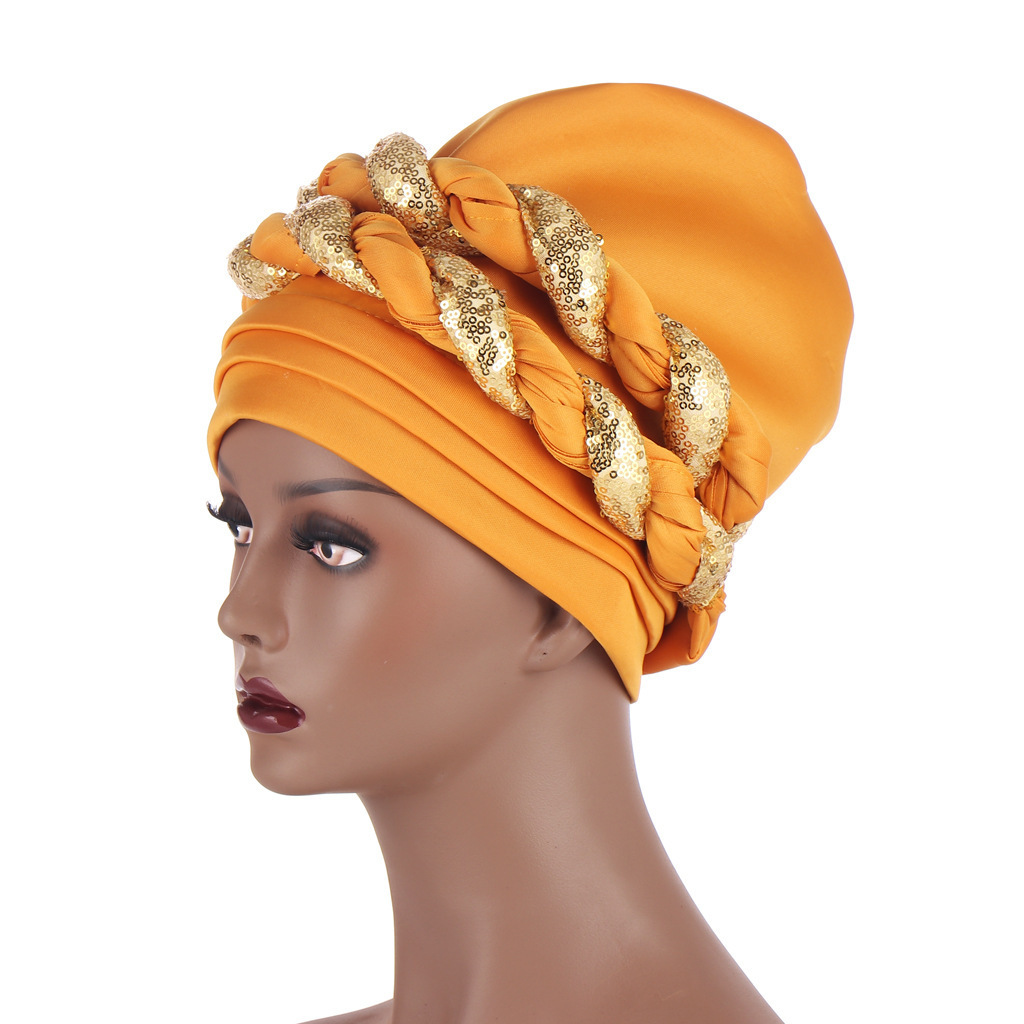 2021 New Muslim with sequin braid turban c ap women bandanas turban hat for Women female headscarf african turban