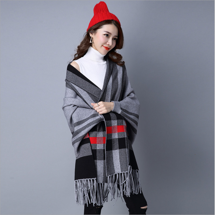 Custom Winter Poncho with Sleeves Khaki Viscose Cotton Long Plaid Pattern Scarf Wool Shawl