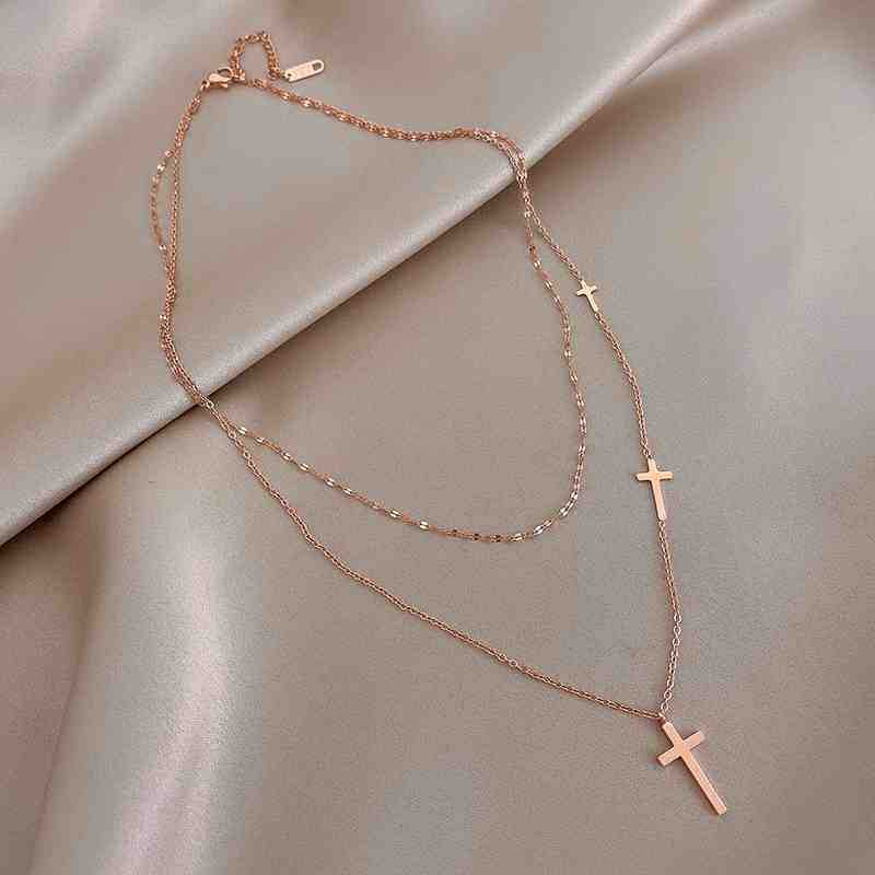 New Fashion 18k Rose Gold Filled Stainless Steel Cross Necklace Double Layer X Cross Pendant Necklace for Women