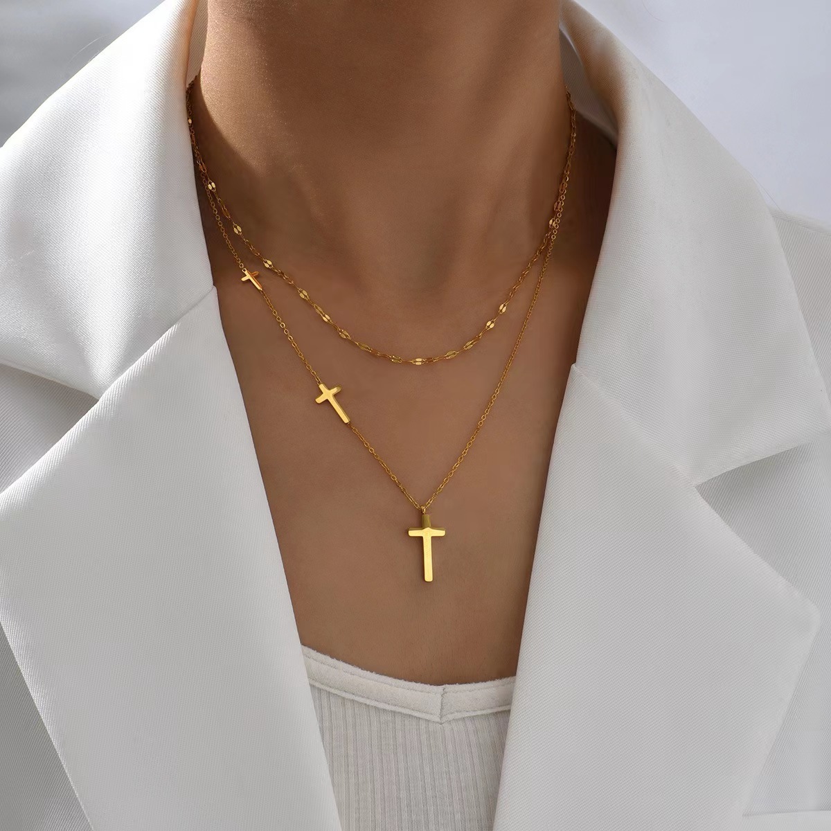 New Fashion 18k Rose Gold Filled Stainless Steel Cross Necklace Double Layer X Cross Pendant Necklace for Women