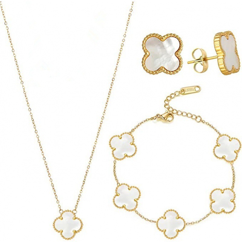 Hot Selling Four Leaf Clover Jewelry Set Fashion Gold Plate Stainless Steel 4 Clover Earrings Necklace Jewelry Set For Women