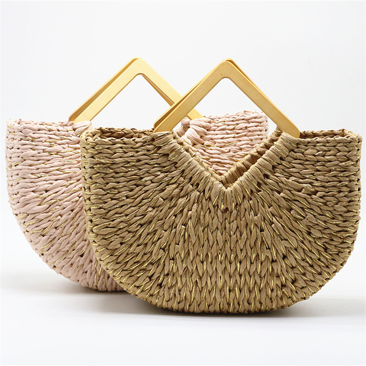 Wholesale straw woven handbag women half moon handheld handmade beach bags