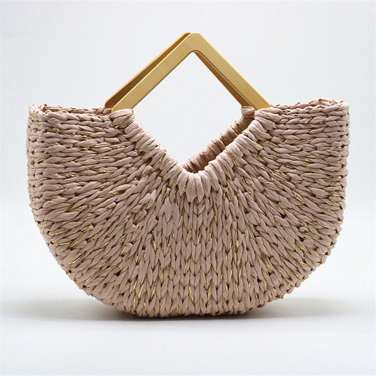 Wholesale straw woven handbag women half moon handheld handmade beach bags