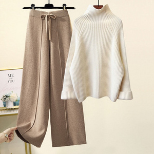 Korean loose thick knit pullover sweater and wide leg ladies solid color two piece pant sweater set