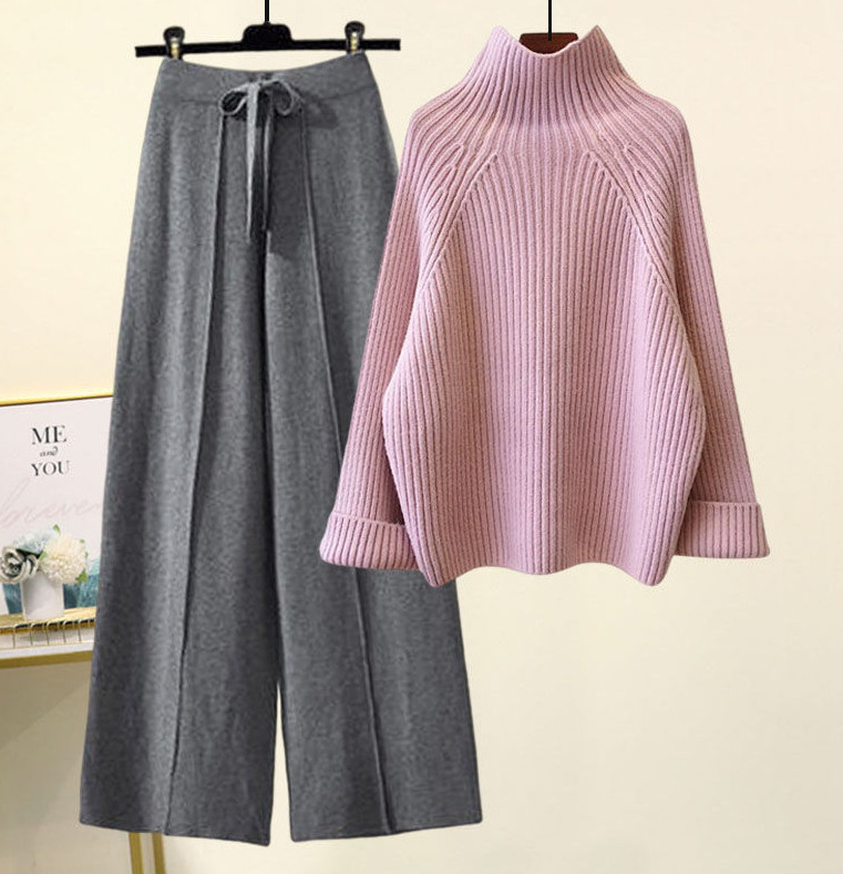 Korean loose thick knit pullover sweater and wide leg ladies solid color two piece pant sweater set