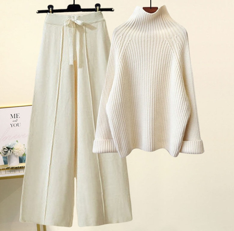 Korean loose thick knit pullover sweater and wide leg ladies solid color two piece pant sweater set