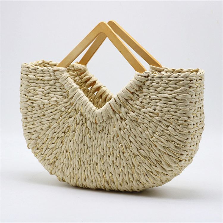 Wholesale straw woven handbag women half moon handheld handmade beach bags